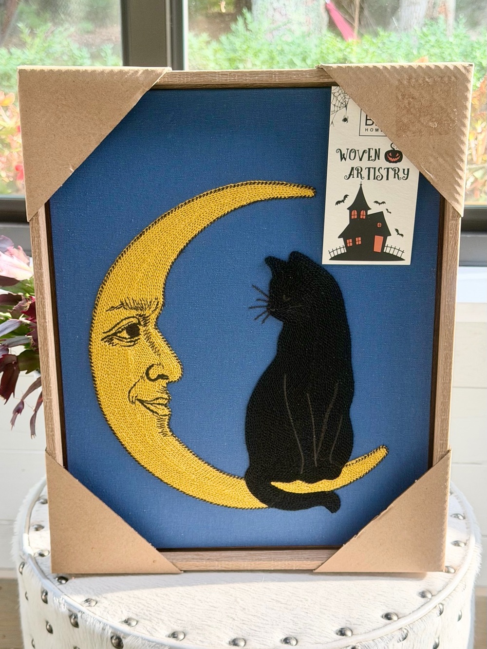 BP Home Black Cat Crescent Moon Star Embroidered Wall Art Blue 12x15 Witchy Boho